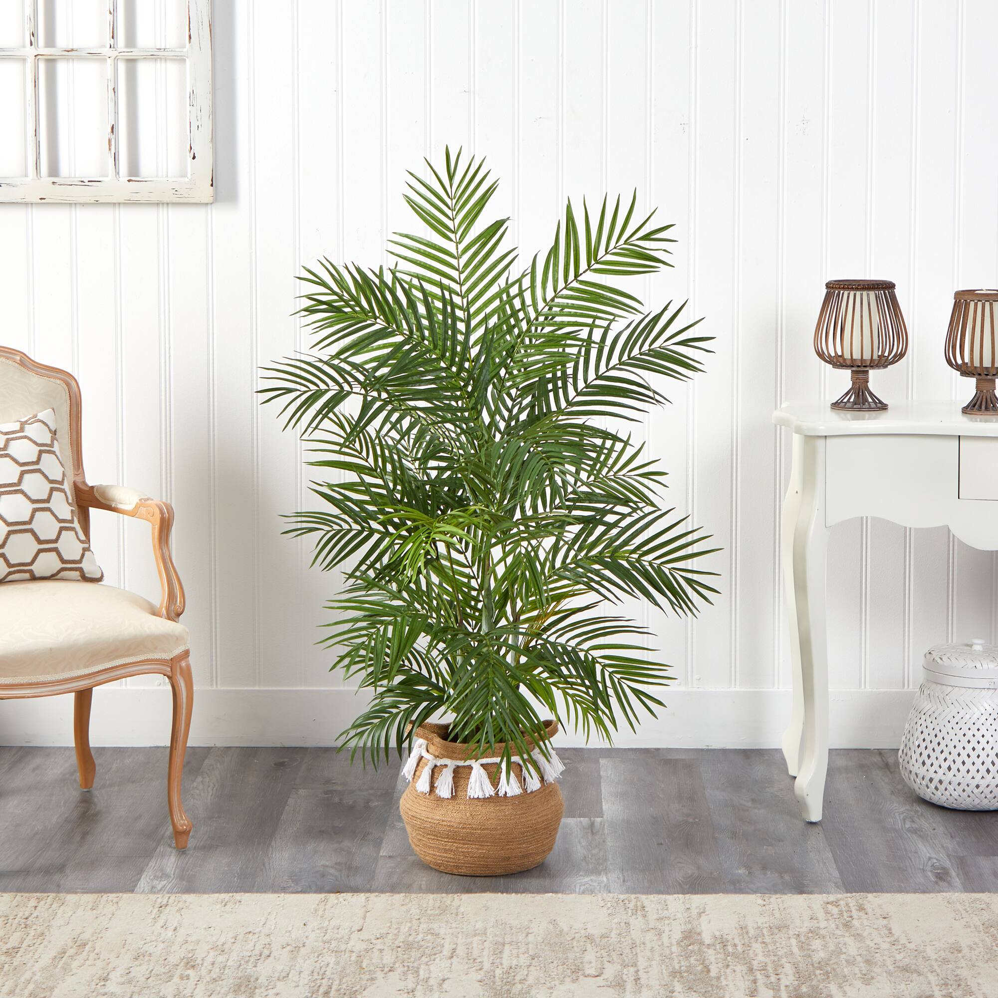 4ft. Areca Artificial Palm in Boho Chic Handmade Natural Cotton Woven Planter with Tassels